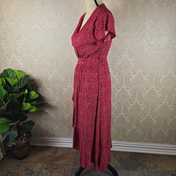 Unbranded Size Small Red White Floral Print Wrap Dress Self Tie Belt Ruffle Hem - Picture 5 of 15
